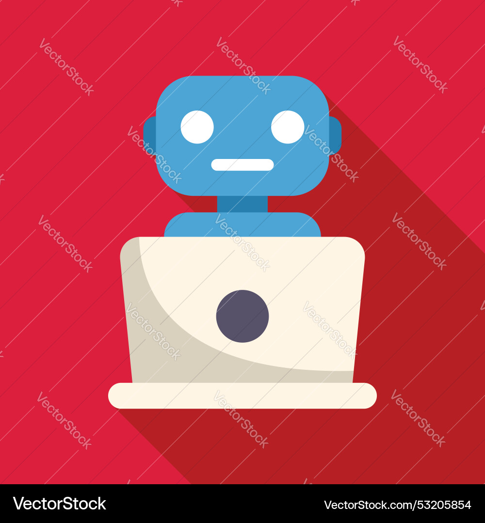Blue robot using laptop computer on red background Blue robot using laptop computer on red background vector image