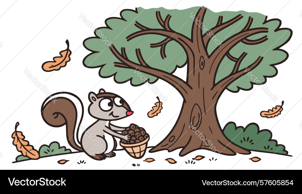 Playful squirrel on tree stump with acorn design Vector Image