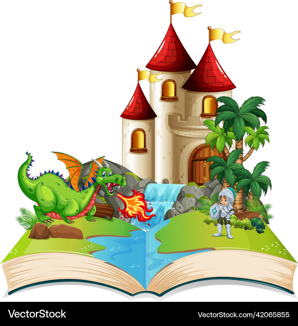 Book with scene of dragon and knight fighting Book with scene of dragon and knight fighting vector image
