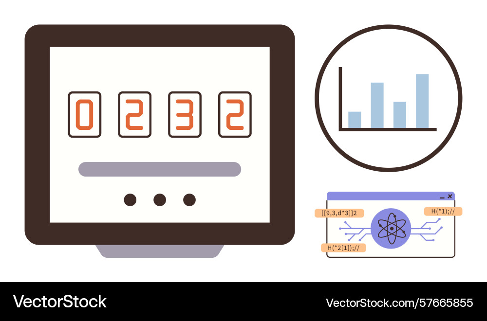 Digital counter and data chart with atomic diagram Digital counter and data chart with atomic diagram vector image
