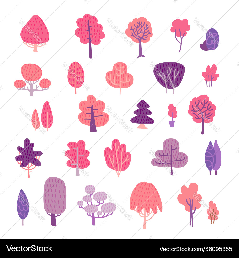 Spring trees elements set pink and violet flat Spring trees elements set pink and violet flat Vector Image