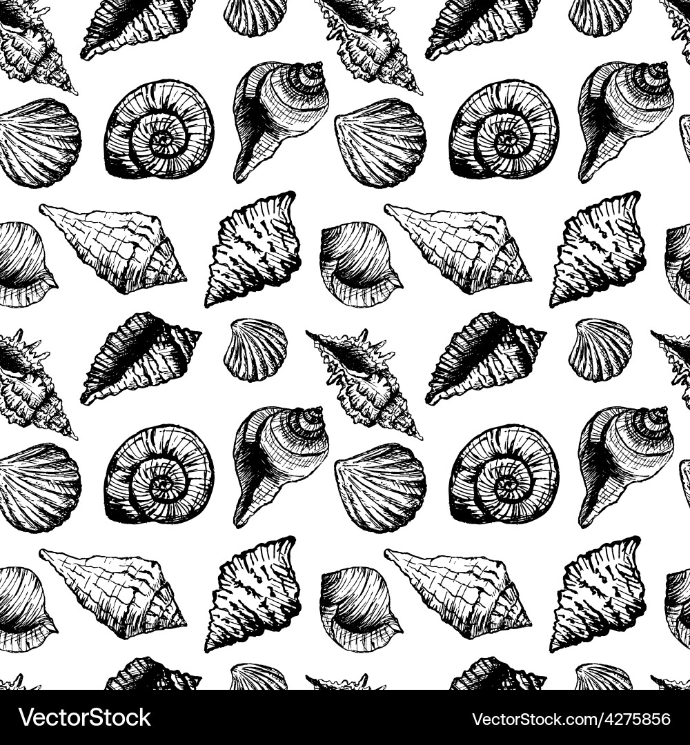 Hand drawn seamless pattern with various seashells vector image