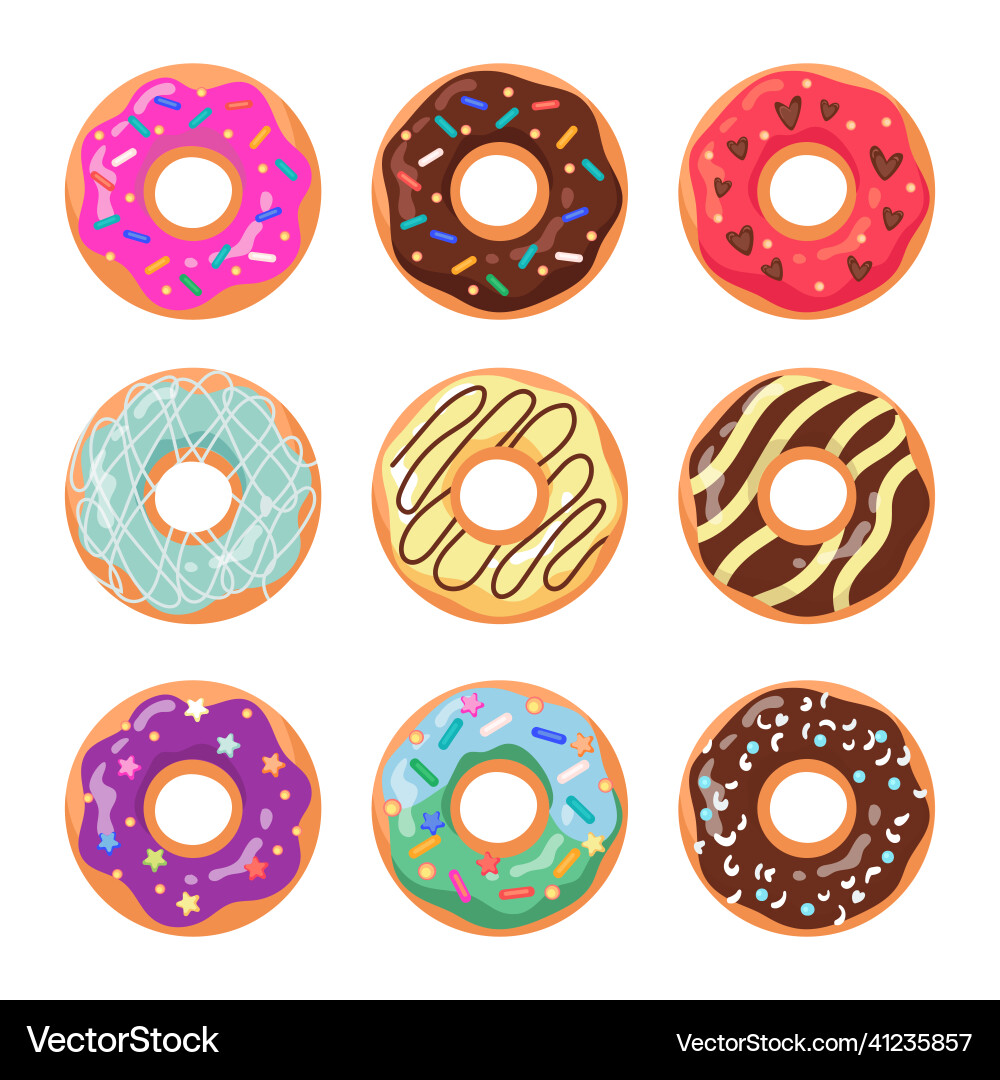 Glazed doughnuts flat set Royalty Free Vector Image