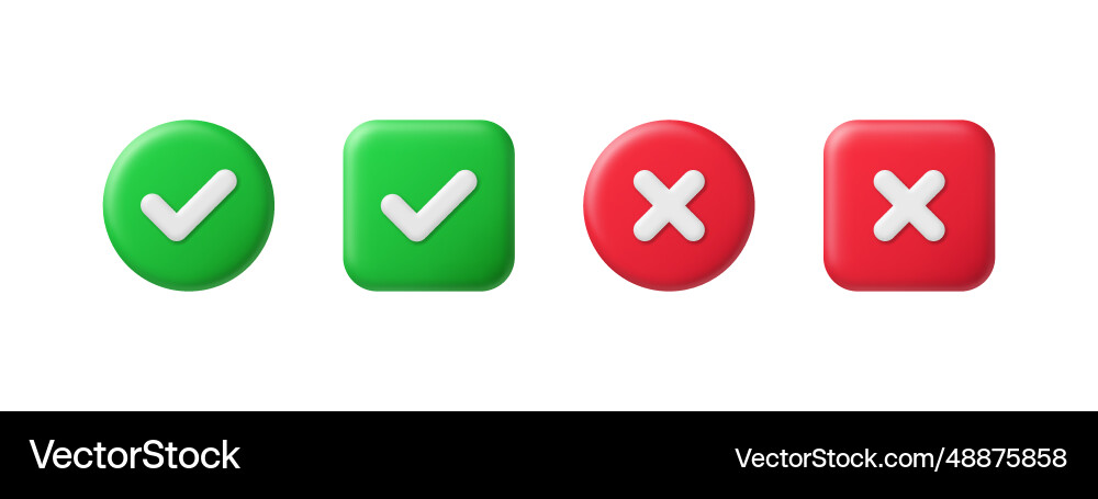 Right and wrong 3d buttons tick cross red Right and wrong 3d buttons tick cross red vector image