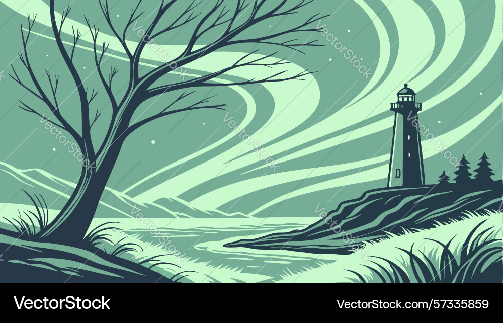 Abstract lighthouse scene with wavy lines tree vector image