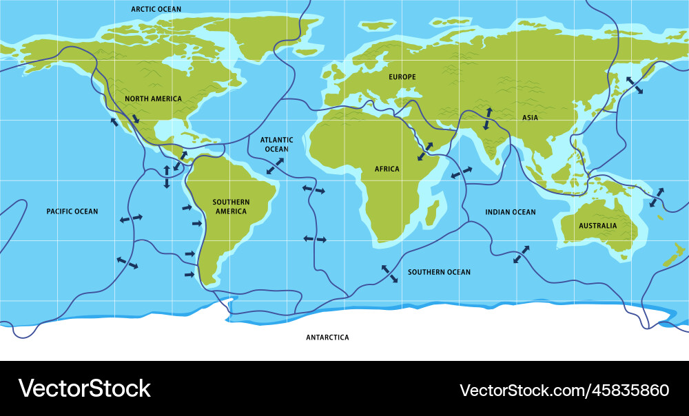 Map of tectonic plates and boundaries Vector Image
