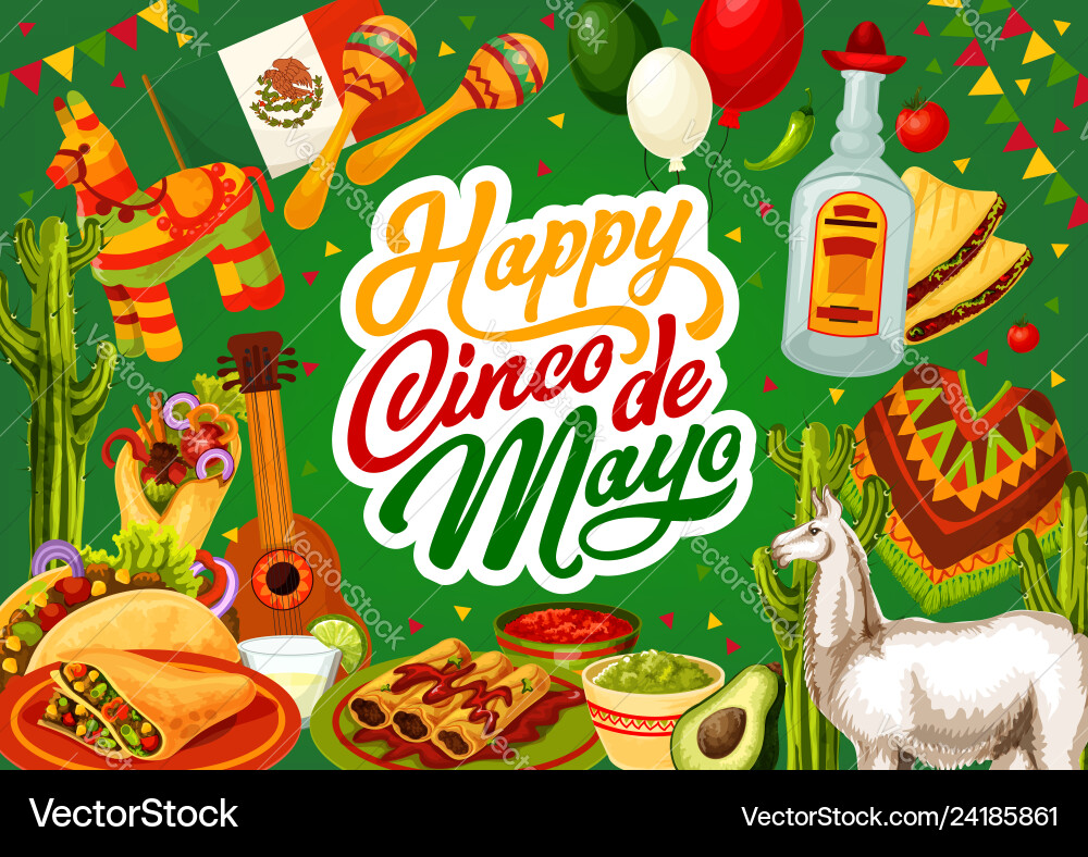 Happy cinco de mayo mexican tequila and guitar Happy cinco de mayo mexican tequila and guitar vector image
