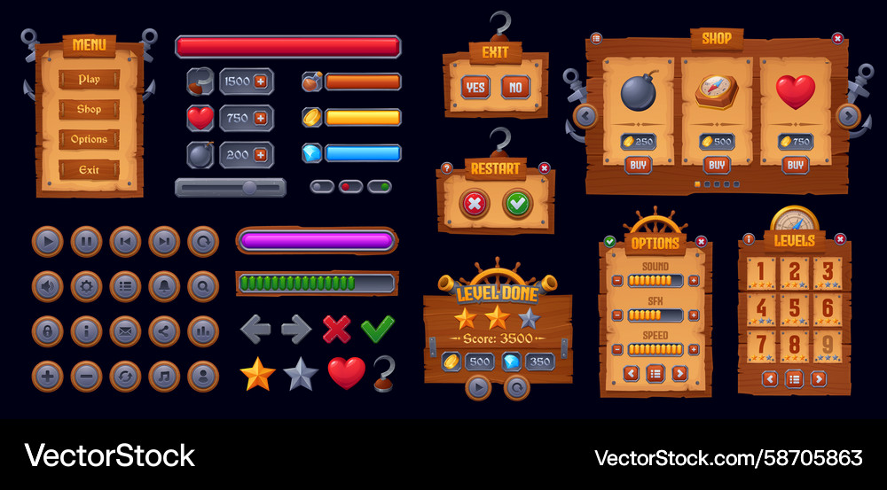 Pirate and corsair arcade game interface elements Vector Image