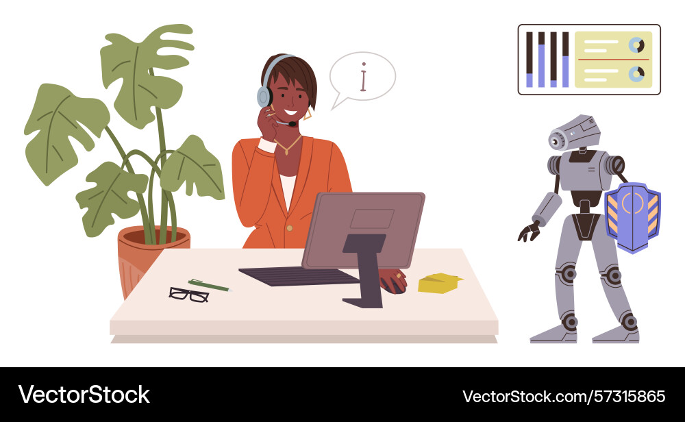 Customer support agent collaborating with robot vector image