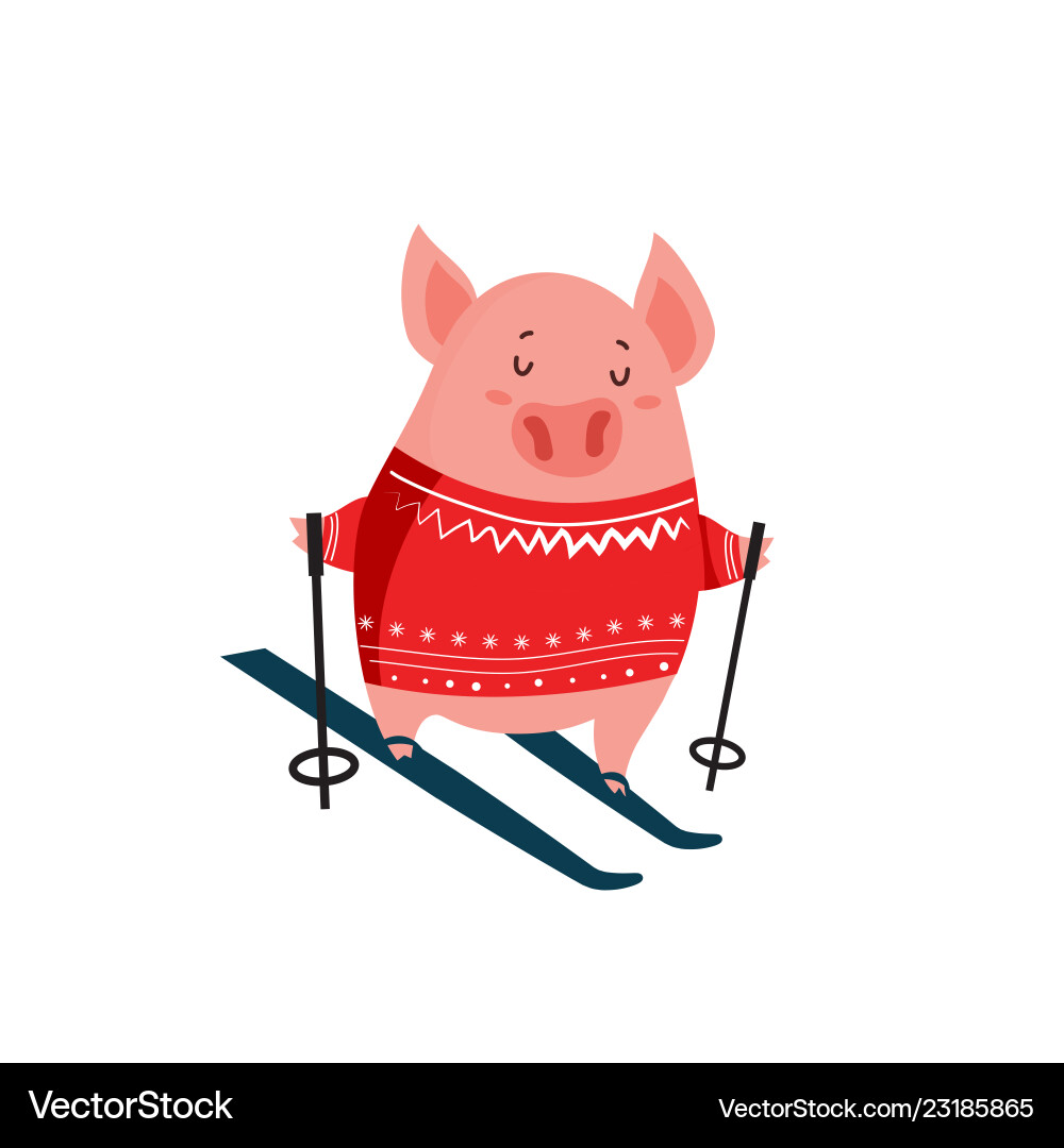 Funny cartoon piglet on skis isolated white Funny cartoon piglet on skis isolated white vector image