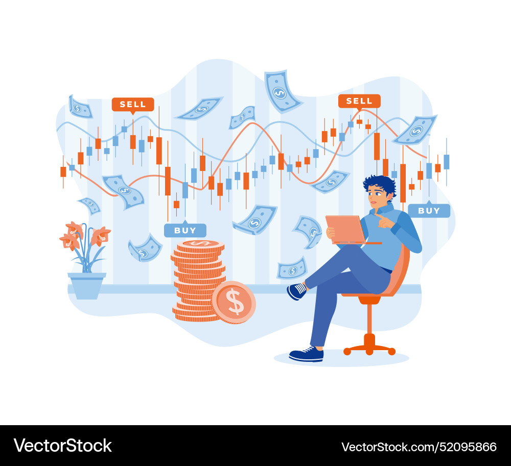 Man is using a laptop to observe business Vector Image