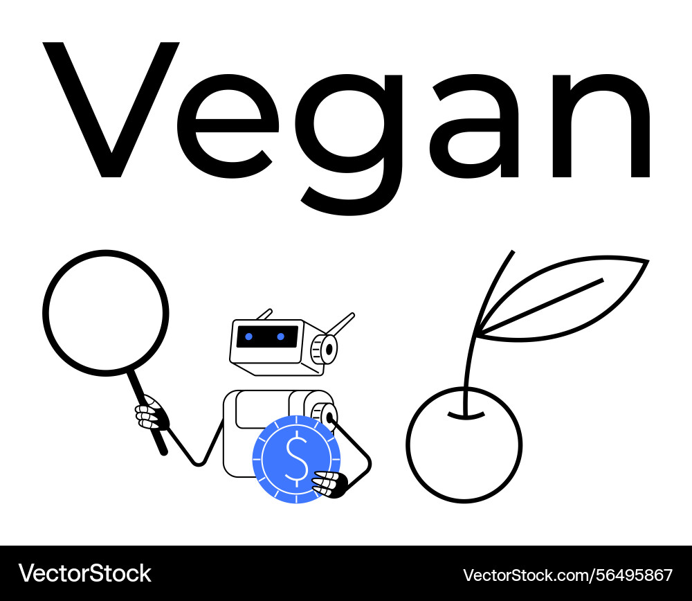 Robot analyzing vegan concept with magnifying Vector Image