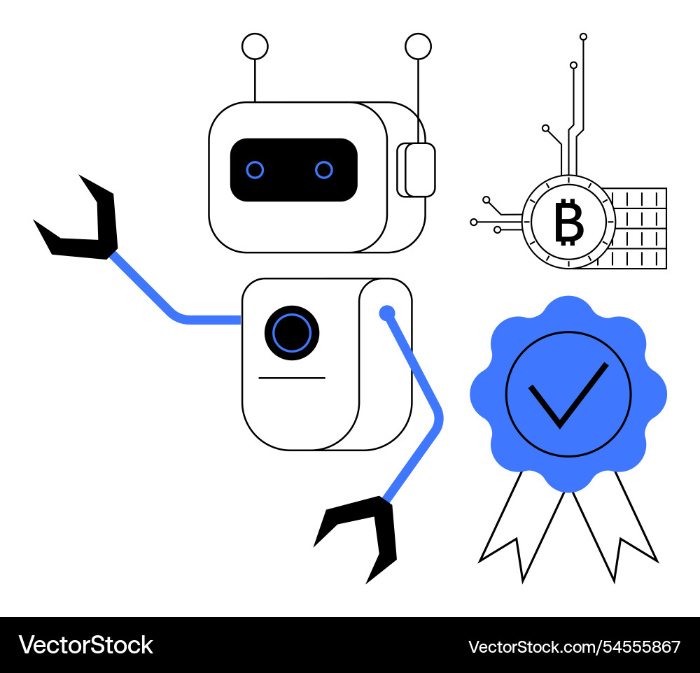 Robot with blockchain symbol and certification vector image