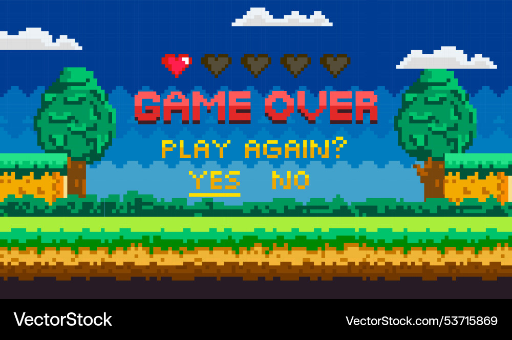 Retro game over screen with options to play again Retro game over screen with options to play again Vector Image