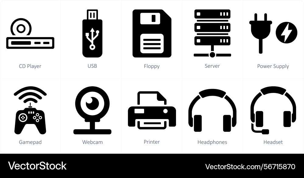 A set of 10 computer parts icons as cd player usb vector image