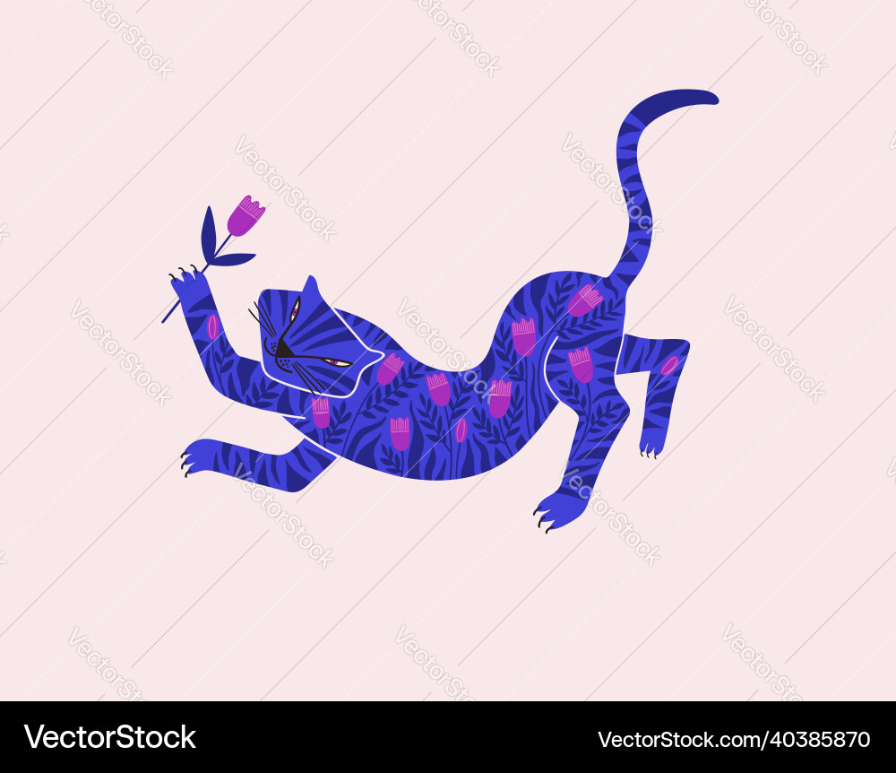 Folk art with wild tiger and flowers Folk art with wild tiger and flowers vector image
