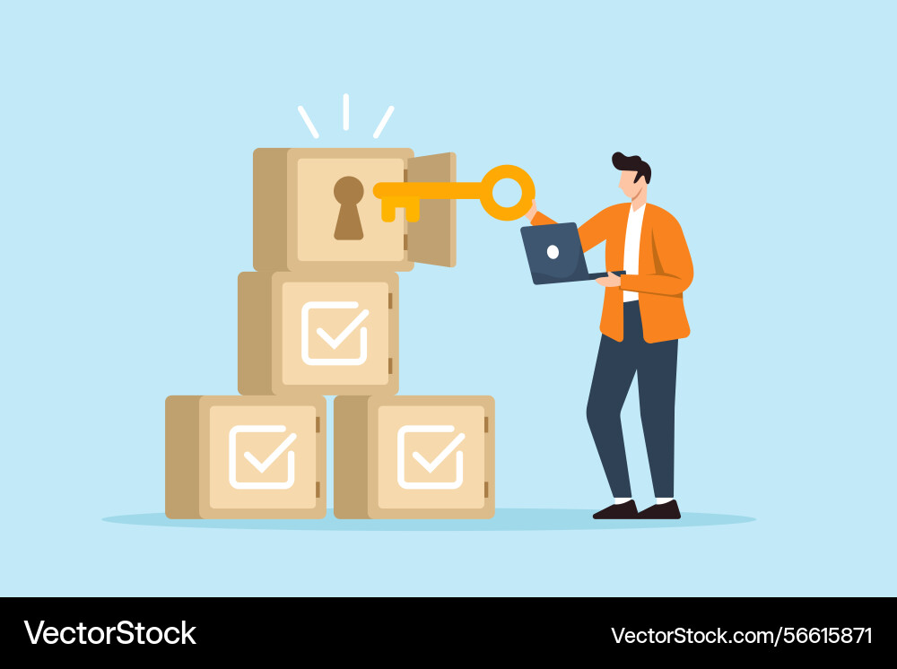 Flat of remote worker unlocking achievement boxes Flat of remote worker unlocking achievement boxes vector image