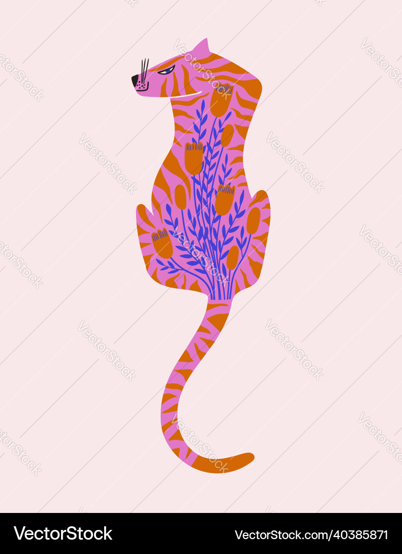 Folk art with isolated tiger and flowers Folk art with isolated tiger and flowers vector image