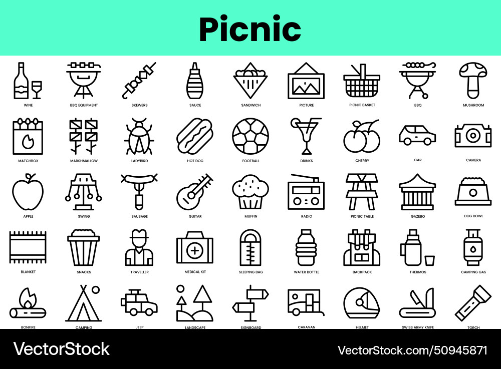 Set of picnic icons linear style icon bundle Set of picnic icons linear style icon bundle vector image