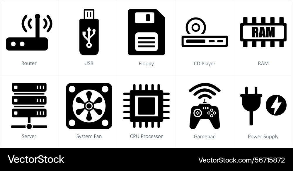 A set of 10 computer parts icons as router usb vector image