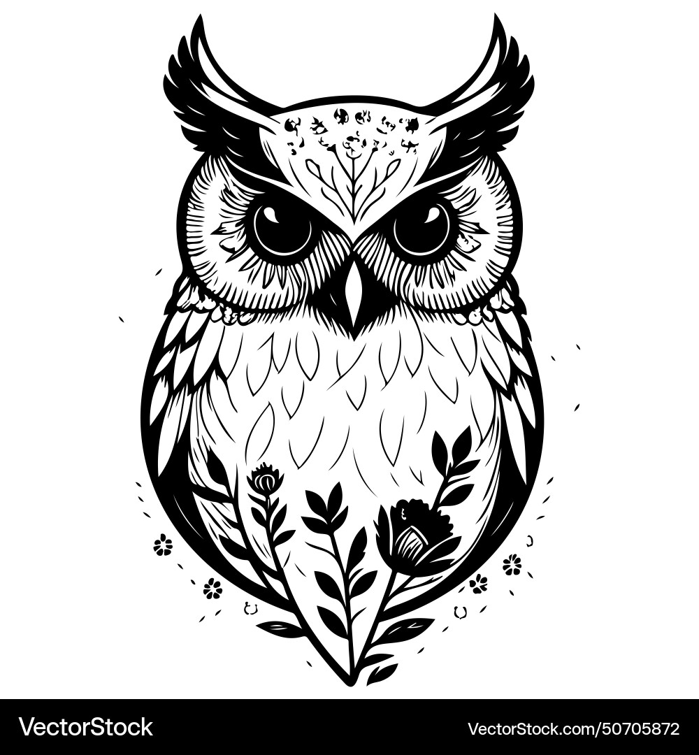 Animal owl brave with floral spring sketch hand vector image