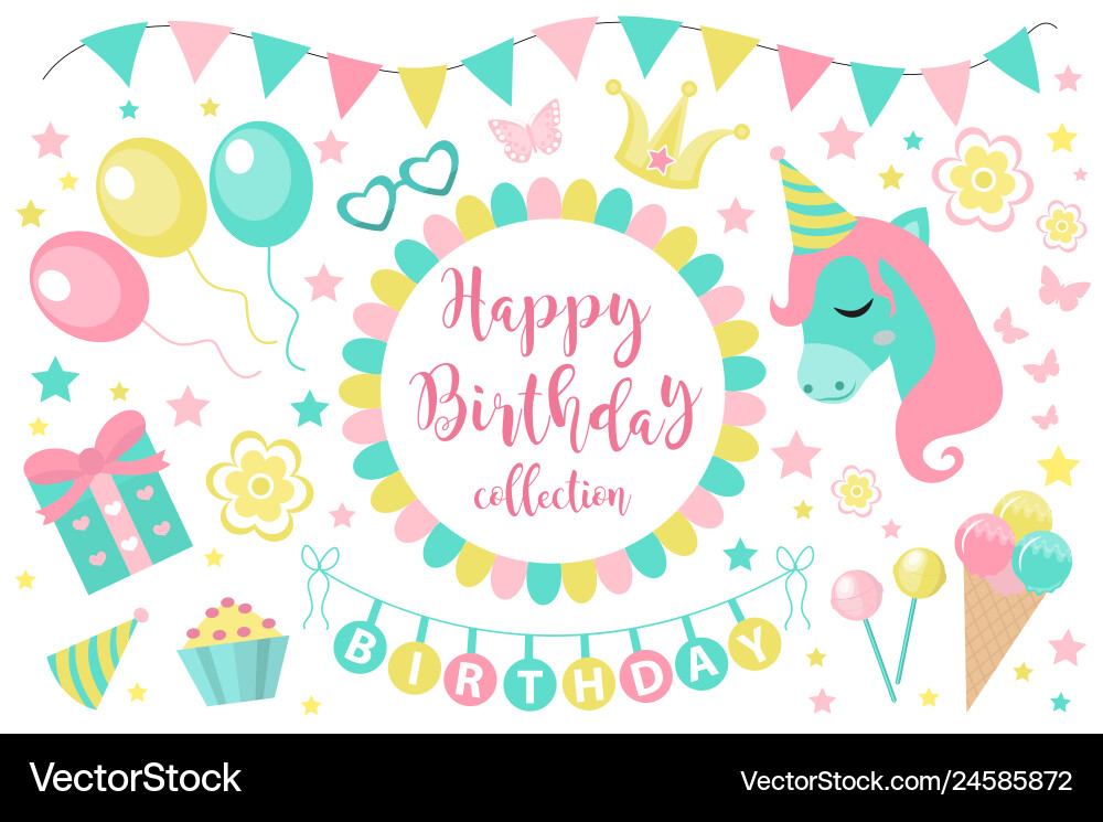 Happy birthday modern cute icons set cartoon flat Happy birthday modern cute icons set cartoon flat vector image