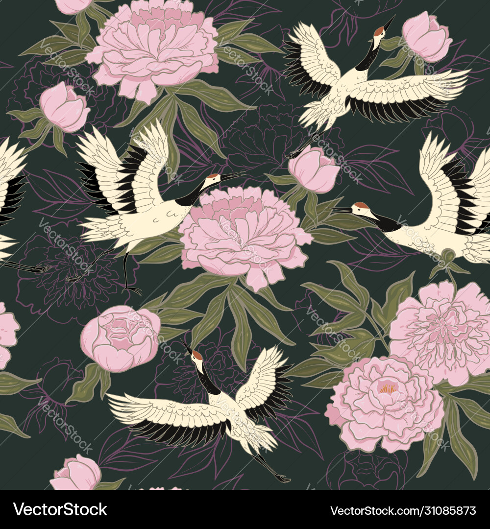Cranes & Peonies Seamless Pattern vector image