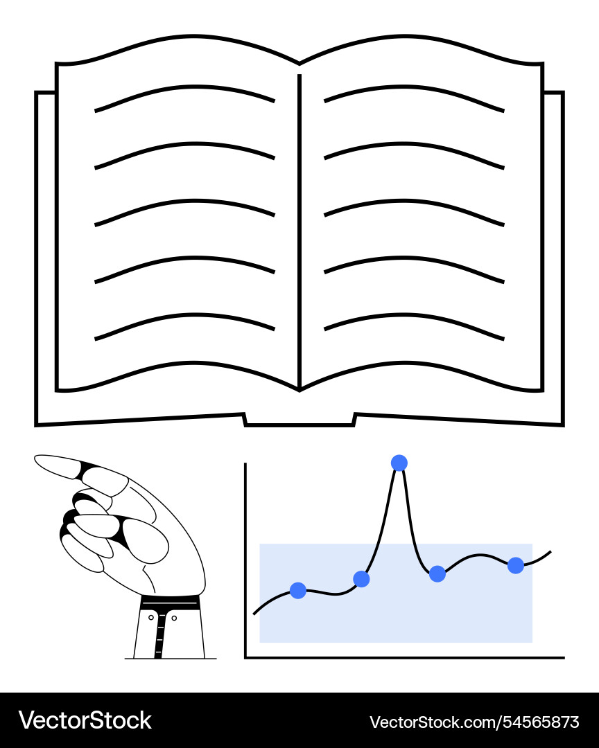 Open book with robotic hand and data chart Open book with robotic hand and data chart Vector Image