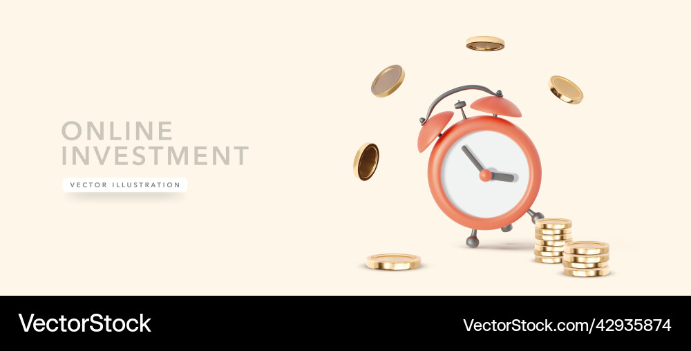 Alarm clock with coin stack in 3d realistic style vector image