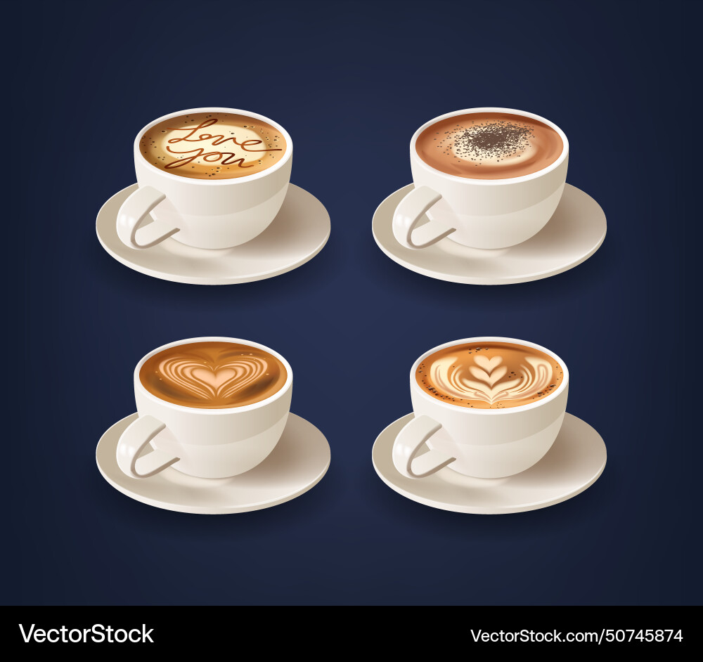 Coffee cups with foam patterns feature artfully vector image