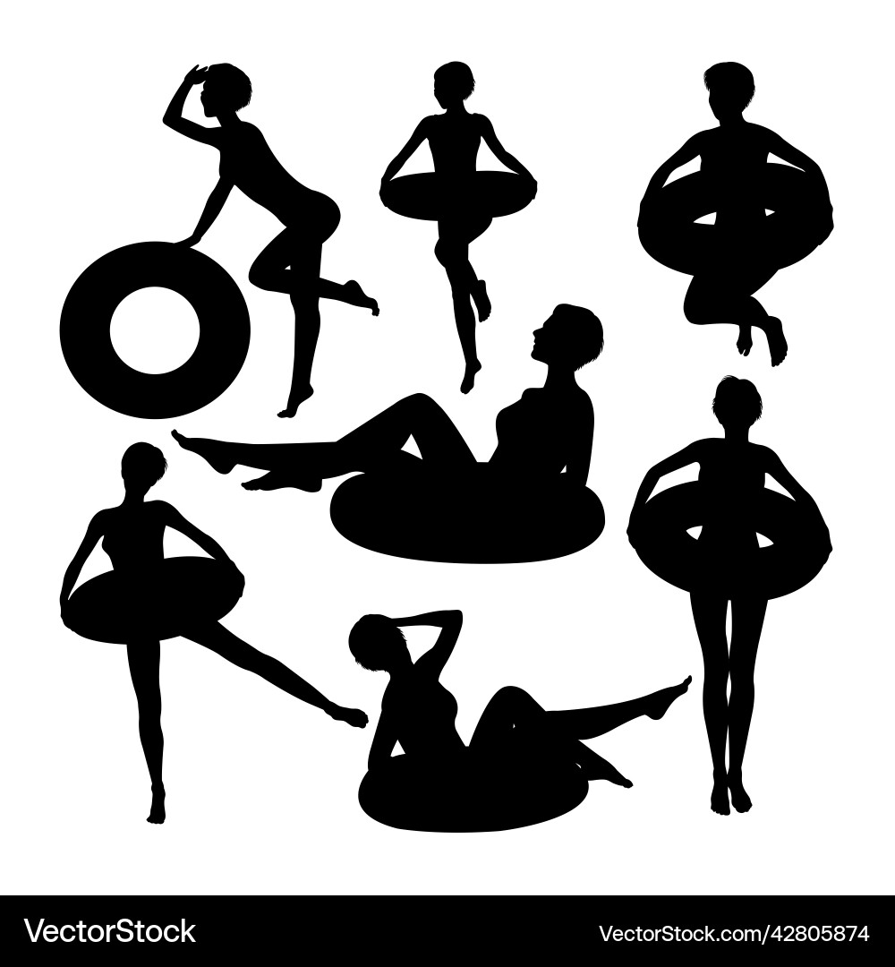 Frau mit aufblasbaren Ring Silhouetten Frau mit aufblasbaren Ring Silhouetten vektorbild