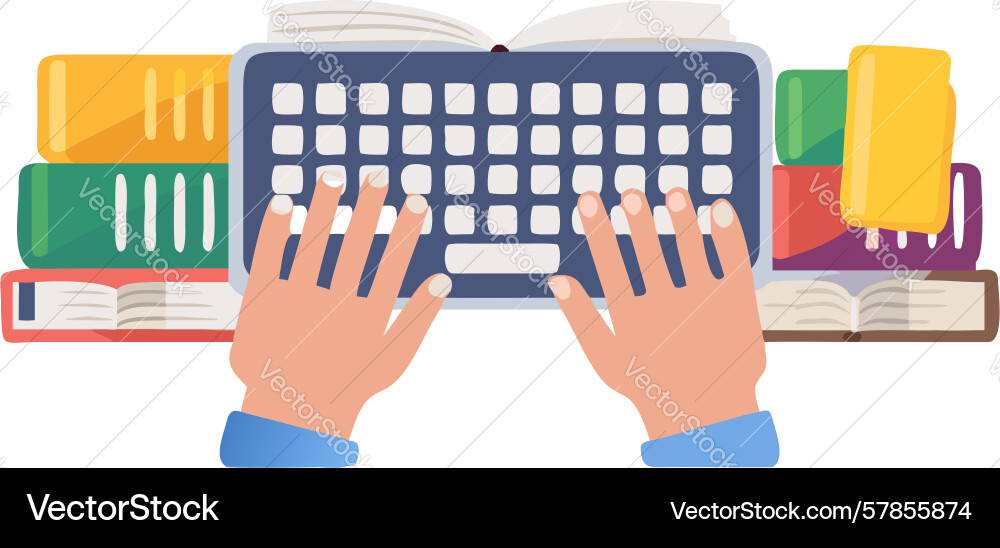 Hands typing on keyboard with books comprehensive vector image