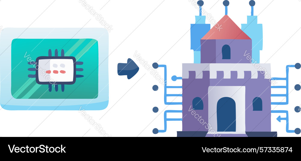 Microchip transforming into a digital castle vector image