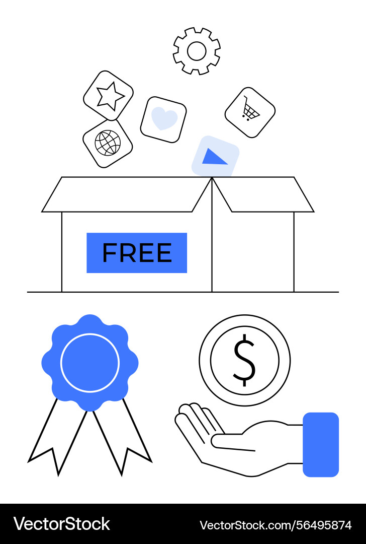 Open box labeled free with floating icons hand Open box labeled free with floating icons hand vector image