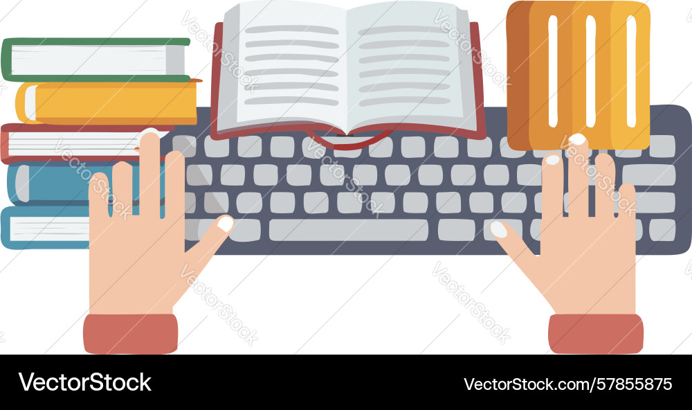 Hands on keyboard with books studying and online vector image