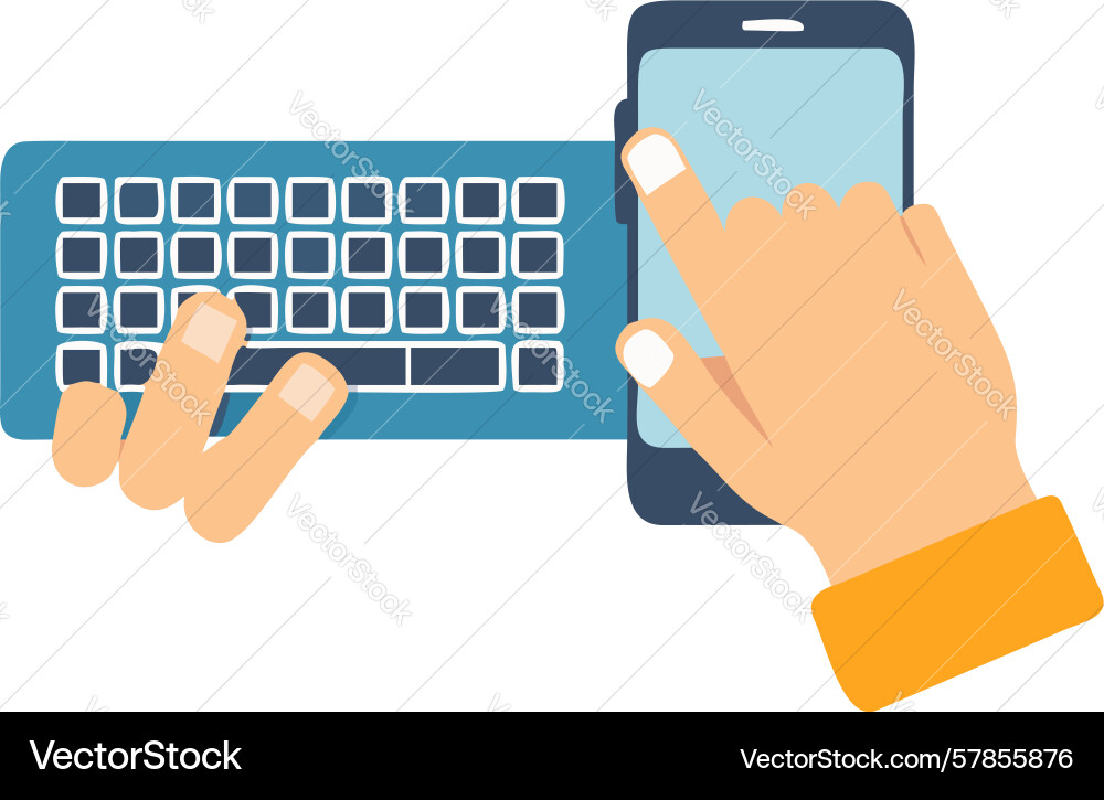 Hand using smartphone while typing on keyboard vector image