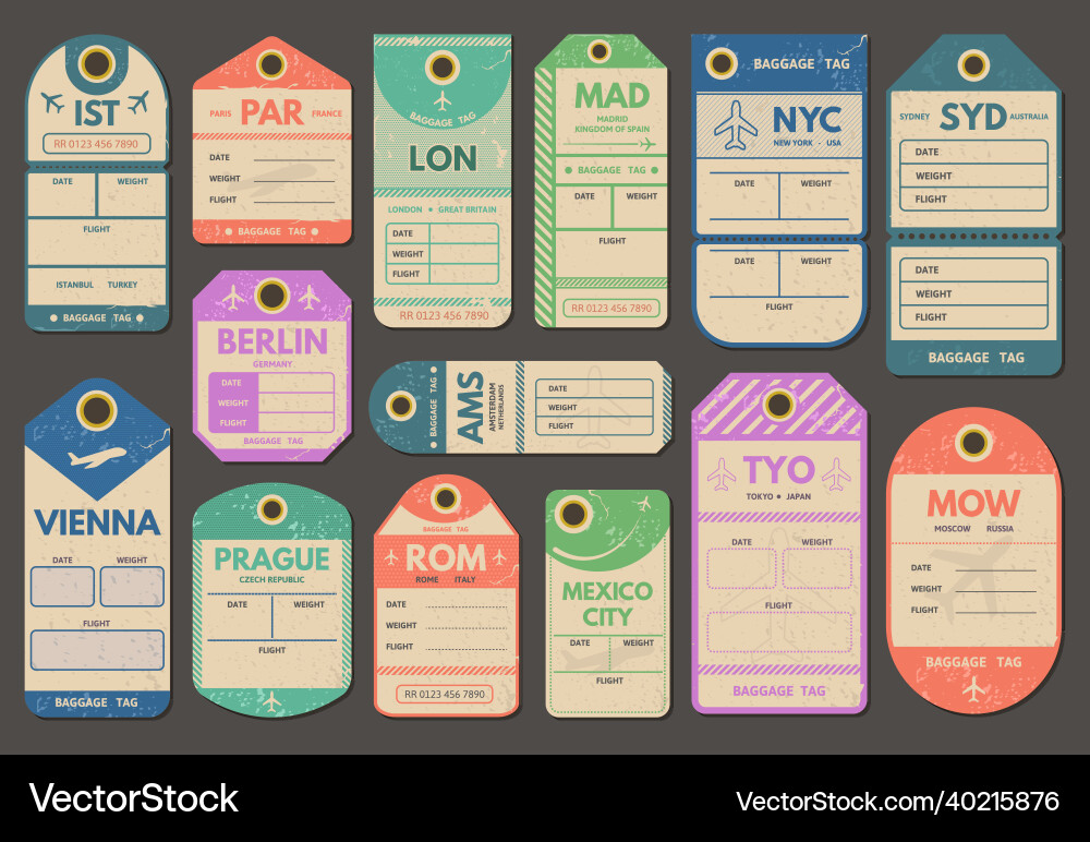 Vintage luggage tags airport travel baggage Vector Image
