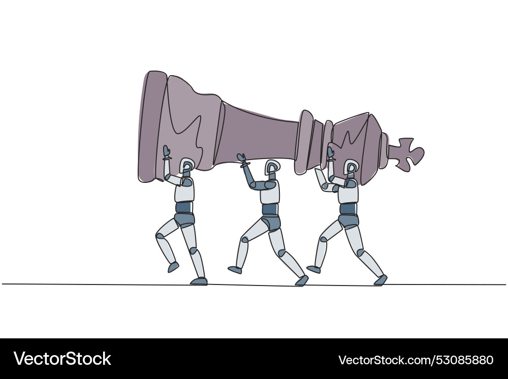 Continuous one line drawing group of robots work vector image
