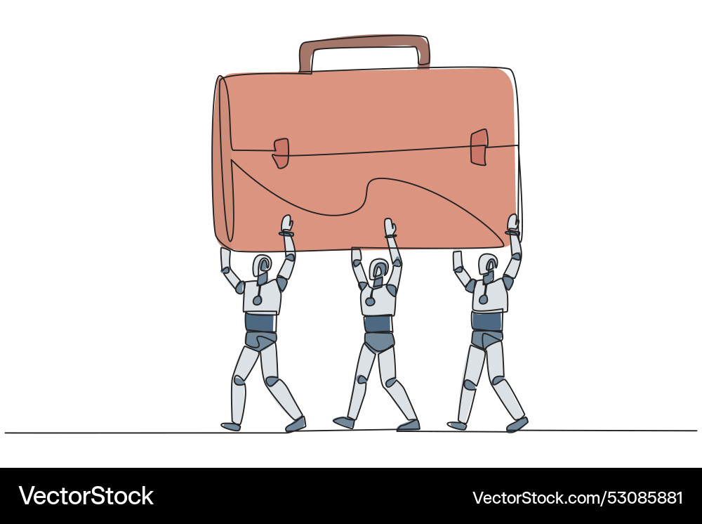 Single continuous line drawing group of robots vector image