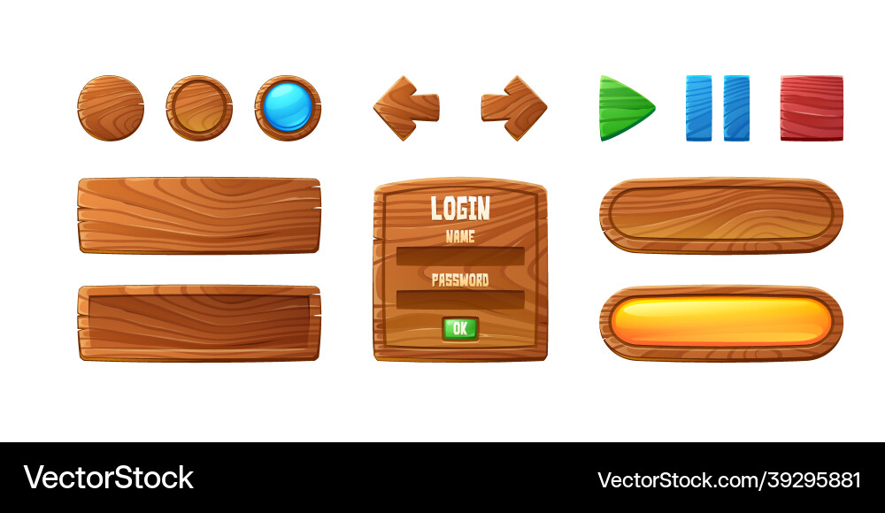 Wooden buttons for ui game gui elements Royalty Free Vector