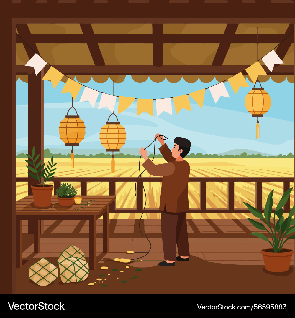 Man prepares hanging string lights with lanterns Vector Image