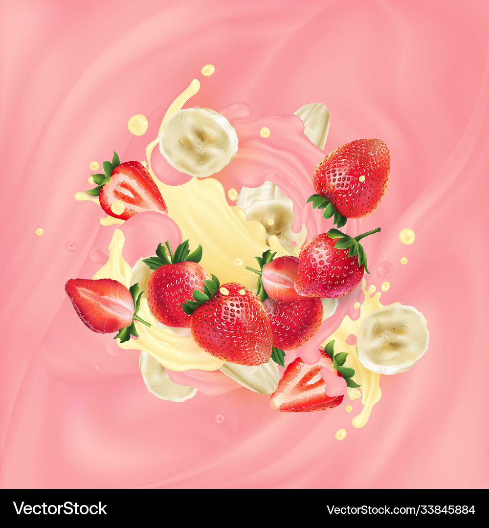 Banana slices and strawberries in pink yellow Banana slices and strawberries in pink yellow Vector Image
