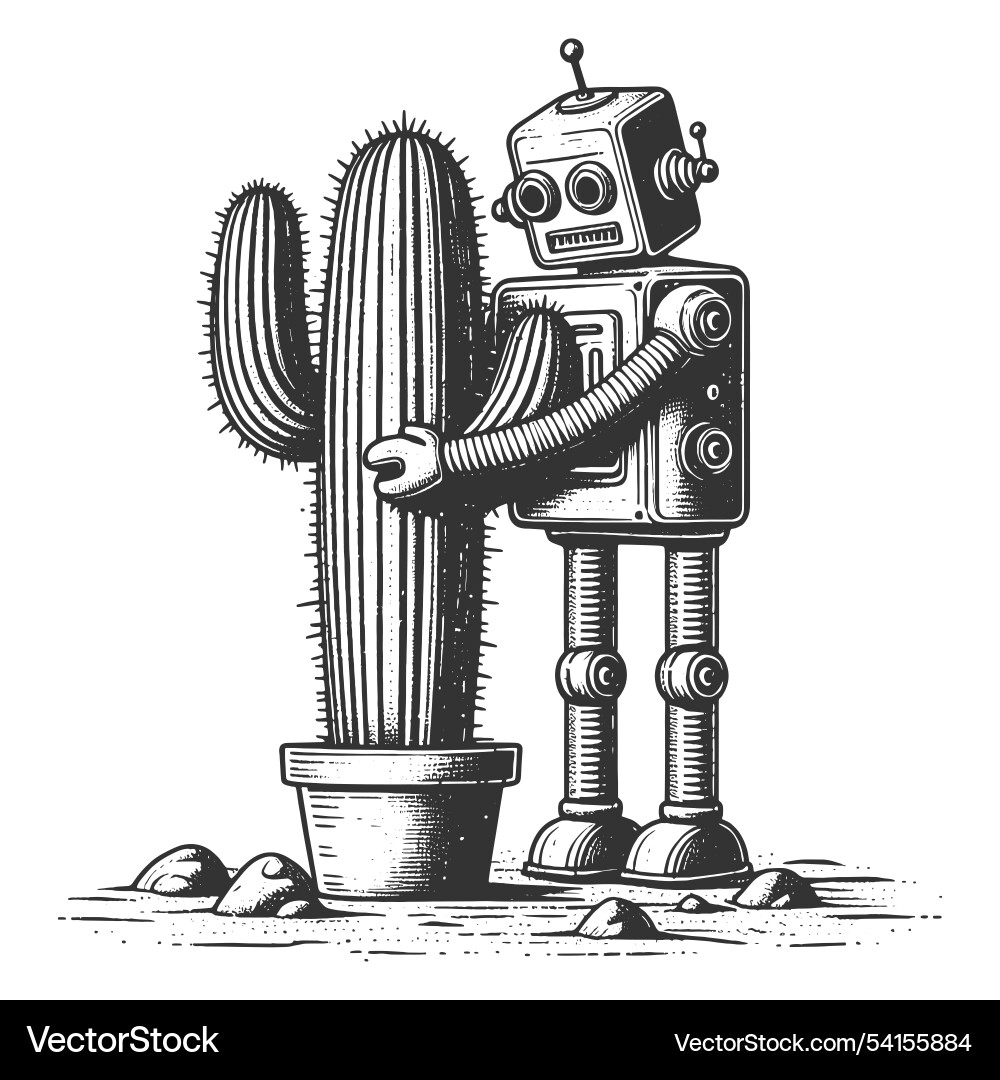 Retro robot hugging a cactus Retro robot hugging a cactus Vector Image