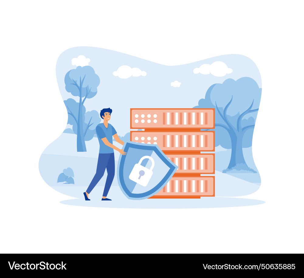 Man holding shield and server or hard disks flat Vector Image