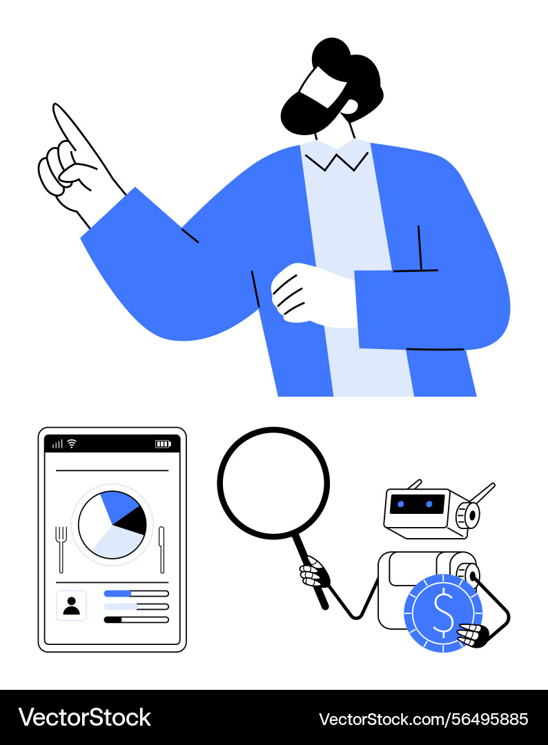 Man presenting data insights mobile app analytics Man presenting data insights mobile app analytics vector image