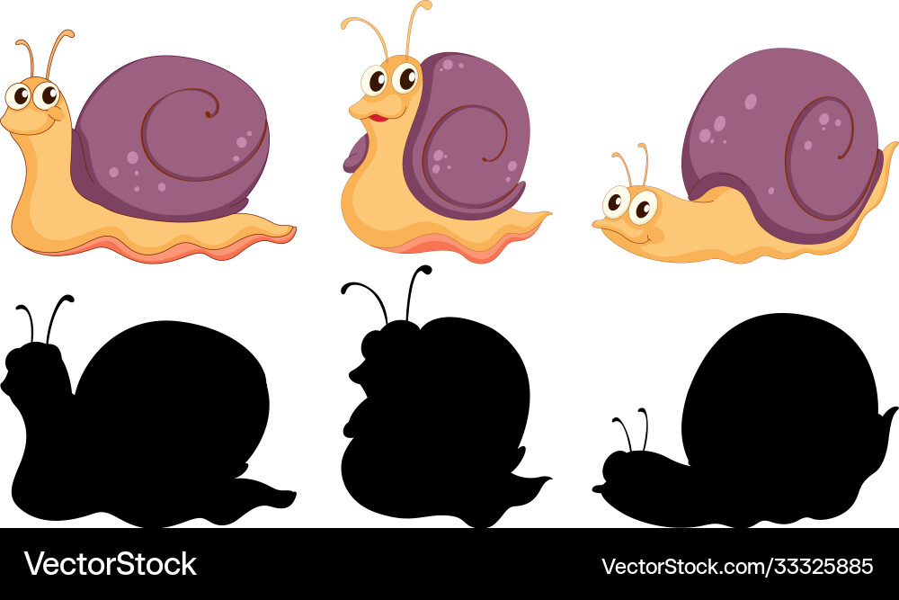 Set Schneckenkarikatur Charakter und seine Silhouette Set Schneckenkarikatur Charakter und seine Silhouette vektorbild