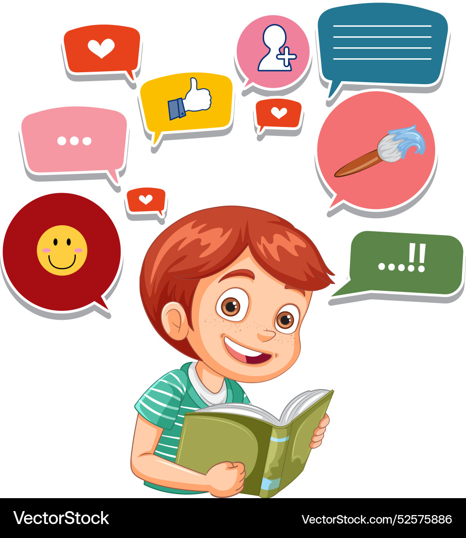 A child reading with various thought bubbles A child reading with various thought bubbles vector image