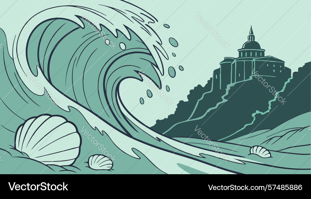 Dynamic ocean wave with shell and shoreline vector image