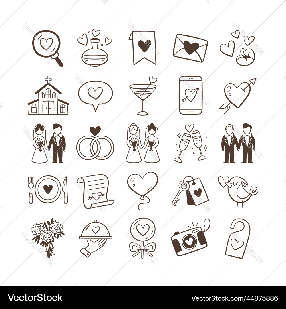 Wedding & Love Doodle Icons Vector Image