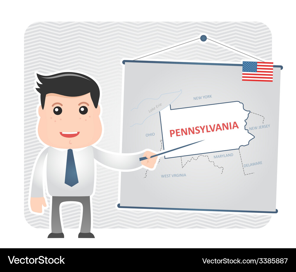 Man with a pointer points to map of pennsylvania Vector Image